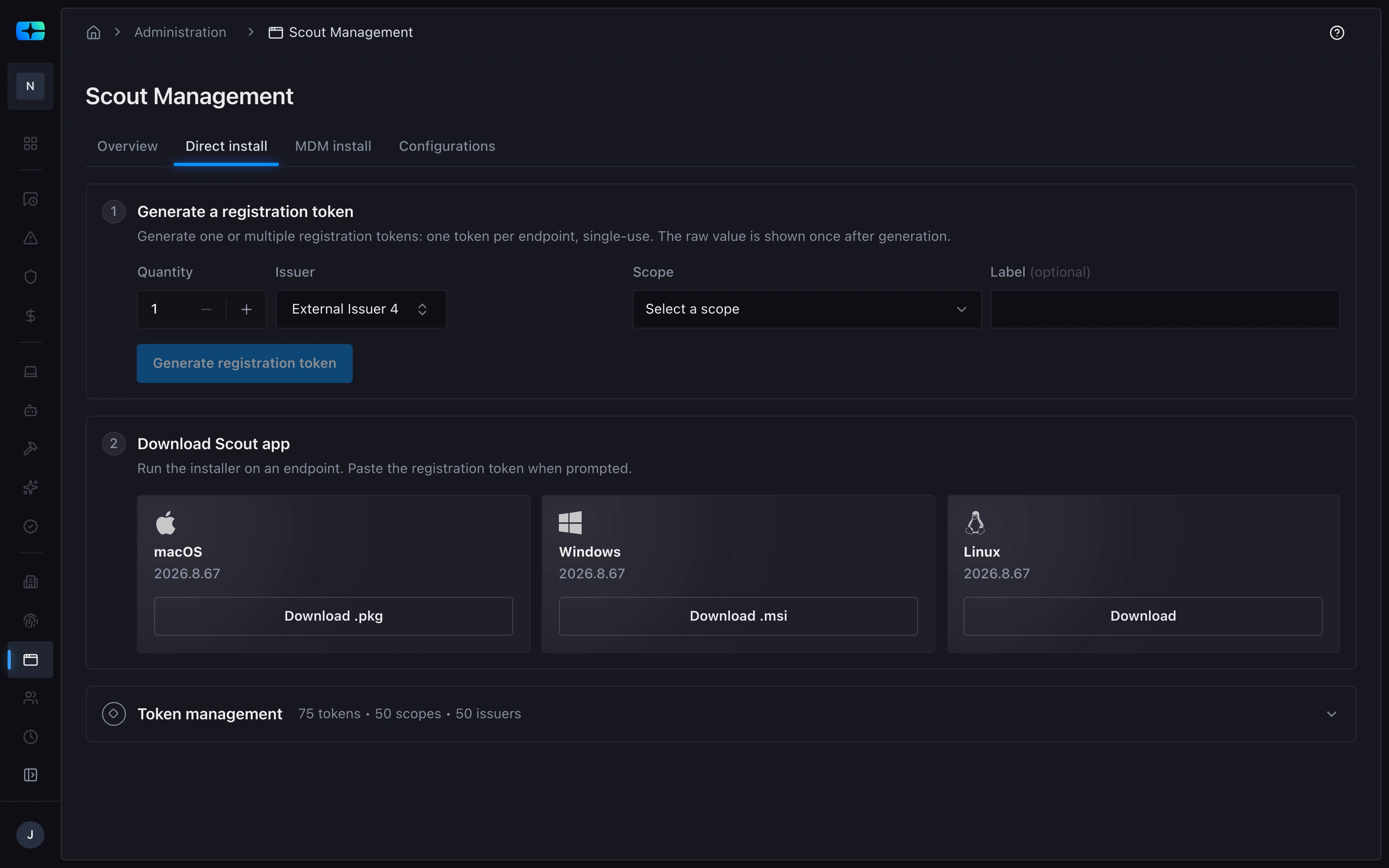 The Direct install tab of Scout Management: a form to generate registration tokens, and Scout app downloads for macOS, Windows, and Linux.