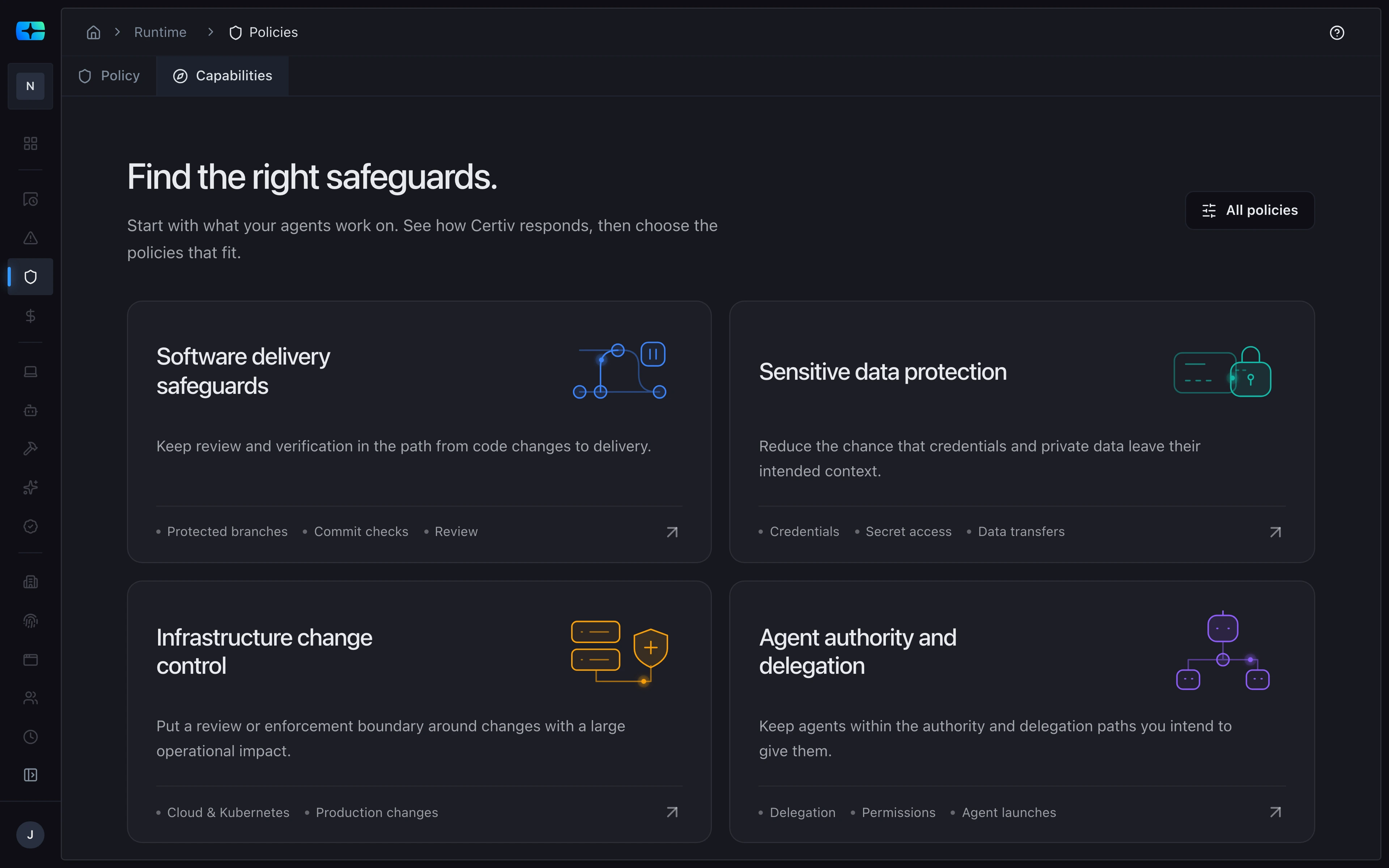 The Policies screen on its Capabilities tab, headed "Find the right safeguards", with cards for software delivery safeguards, sensitive data protection, infrastructure change control, and agent authority and delegation.