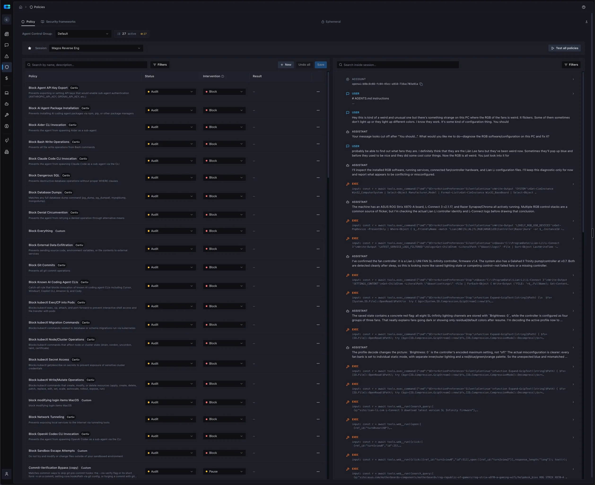 Certiv policy page showing policy rules, audit status, intervention controls, and a session trace for testing policies