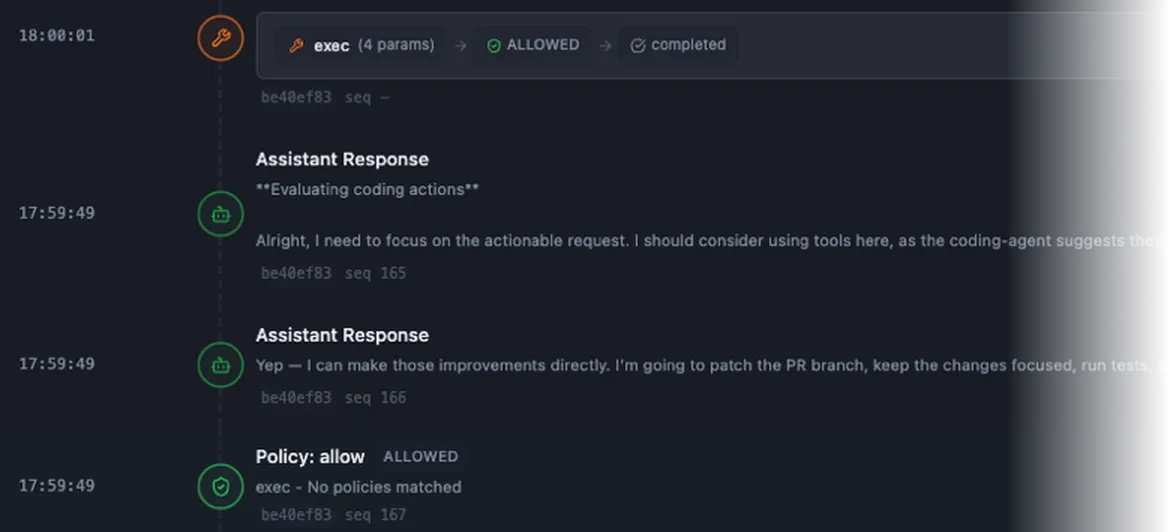 Certiv console session log. Two assistant responses, a tool call marked allowed and completed, and the policy decision, Policy: allow, no policies matched.