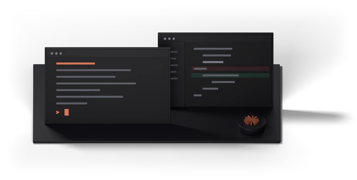 A terminal and a code editor standing like screens on a plate, with an orange accent line and a small Claude Code mark.