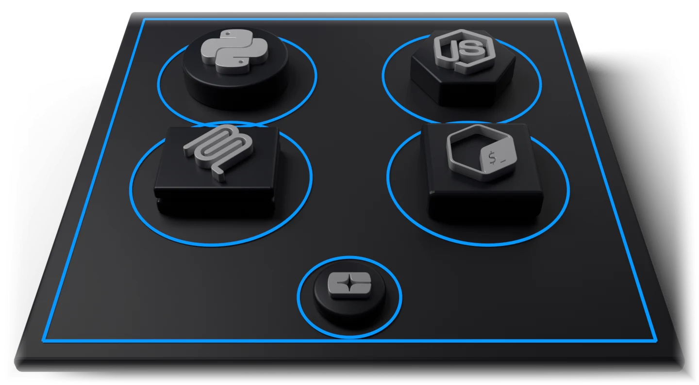 Four home-built agents on one computer: a Python script, a Node service, an MCP server, and a shell script, each on its own puck inside a blue ring. A blue frame runs around the whole machine, and a small Certiv plate sits on its front edge.