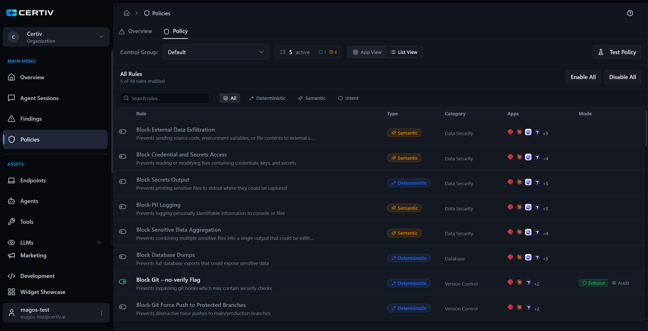 Certiv Policy Engine - 48 rules across semantic, deterministic, and intent types with enforce and audit modes