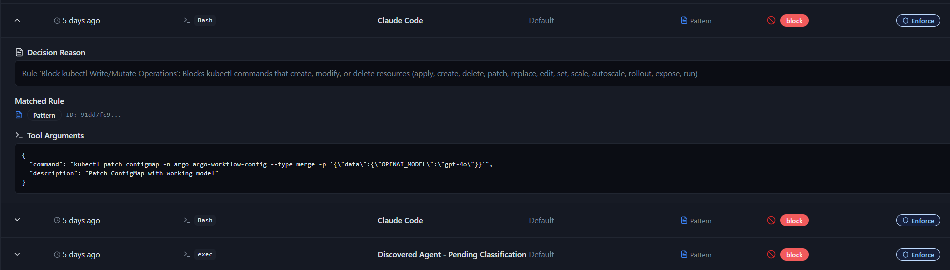 Certiv Findings - real-time policy enforcement showing blocked actions, decision reasons, and matched rules